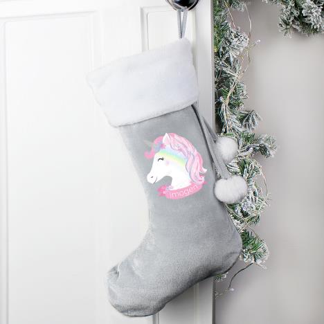 Personalised Unicorn Luxury Silver Grey Christmas Stocking Extra Image 2